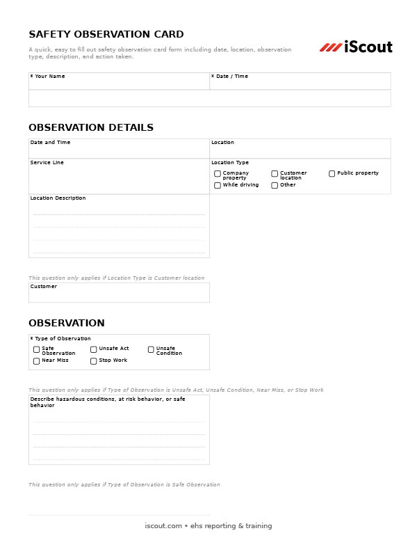 Safety Observation Card - Printable PDF