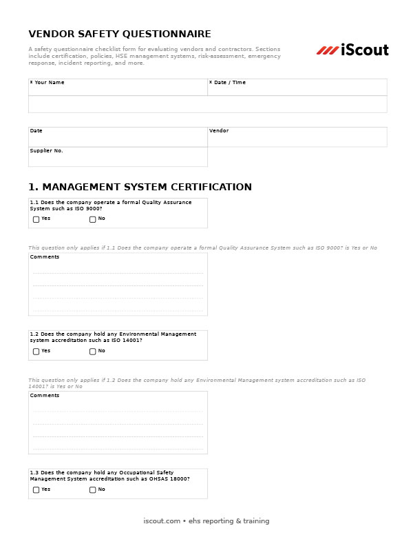 Vendor Safety Questionnaire - Printable PDF
